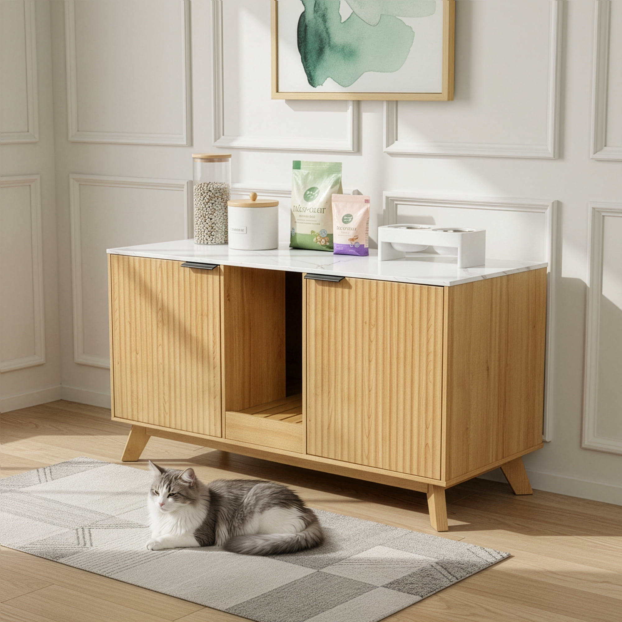 YDN Modern Litter Box Enclosure for Cats- 47" Indoors Hidden Cat Litter Box Furniture for 2 Cats, Wooden Cats Washroom Side Cabinet with Scratching Pad for Most Cat Litter Box,Nature