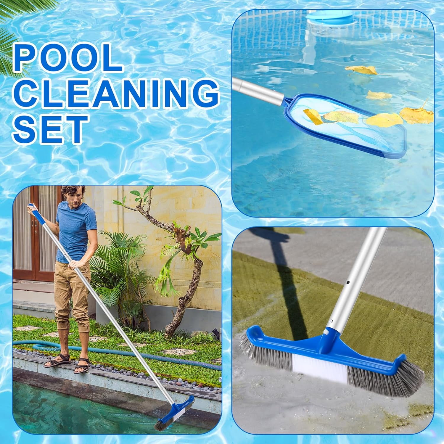 Katinyos 4 Pcs Swimming Pool Cleaning Kit, Pool Maintenance Kit with Pool Cleaning Brush Scrubbing Scouring Sponge Pad Skimmer Leaf Net and Aluminum Pole, for Above Ground Pools, Ponds, Hot Tubs