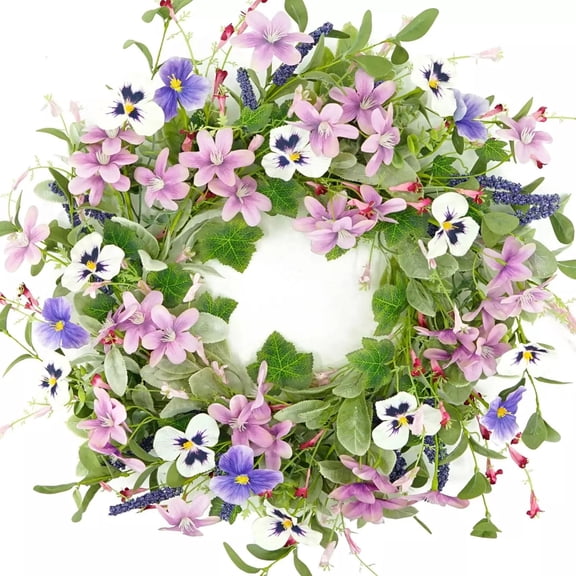 BMYJ Spring/Summer Front Door Wreath with Pansy Flowers & Lamb’s Ear Greenery, All-Season UV-Resistant Décor for Porches, Gates, Patios & Farmhouse Entryways