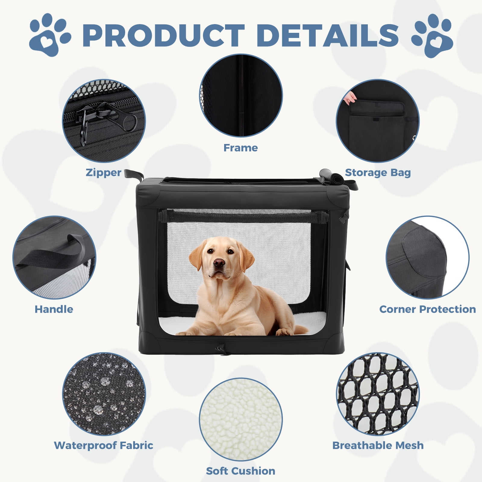 Foldable Soft Dog Crate, 600D Oxford Fabric, Portable Pet Kennel with 3 Doors, Indoor & Outdoor Use for Small to Extra Large Dogs