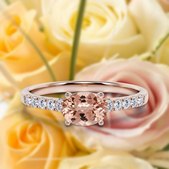Dazzling Minimal Art Deco 1.50 Carat Oval Cut Morganite And Diamond Moissanite Unique Engagement Ring, Wedding Ring in 925 Sterling Silver With 18k Rose Gold Plating Gift For Woman, Promise Ring