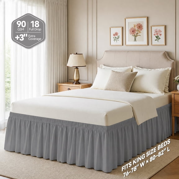 AzulHome King Bed Skirt 18 Inch Drop Dust Ruffle, Wrap Around with Adjustable Elastic Belt, Easy Install & Clean (Grey)
