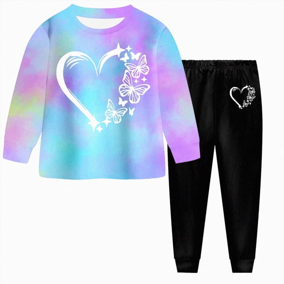KPOPLK Boys Girls Outfit Sets 2-8 Years Kids Fall Soft Clothes Casual Cotton Long Sleeve Graphic Print T Shirts and Pants 2 Piece Clothes Blue Size 7-8 Years