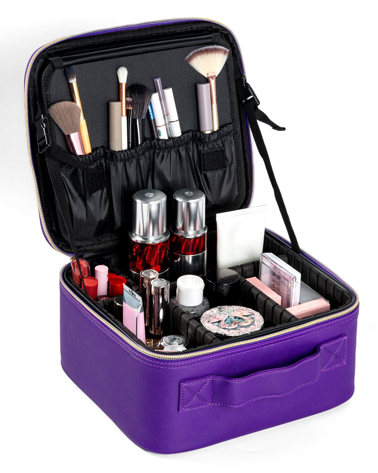 Makeup Bag with Mirror of LED Lighted, Travel Makeup Train Case with Adjustable Dividers, Portable Makeup Cosmetic Bag Organizer(Purple)