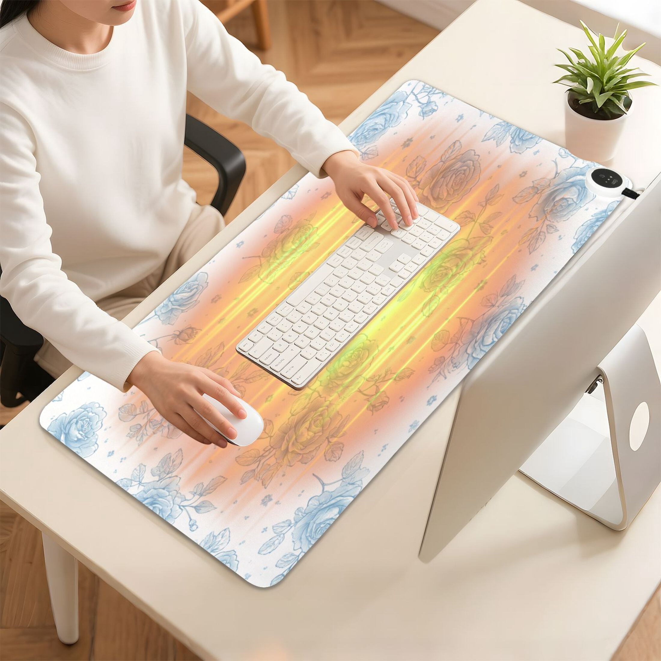 Large Heated Desk Mat Mouse Pad 31.5"x13"PU Leather Graphene Heating Desk Warmer with 3 Temperature Settings 110V US Plug Non-Slip Warm Pad for Home, Office, and Gaming Elegant Blue Rose Garden