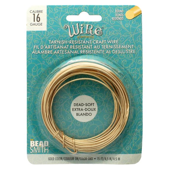 The Beadsmith Wire Elements Craft Wire - Tarnish Resistant, Soft Temper, Round, Gold Color – 1.3mm, 16 Gauge, 15 Foot Spool – Jewelry Making, Wire Wrapping, Floral, & Other DIY Crafts