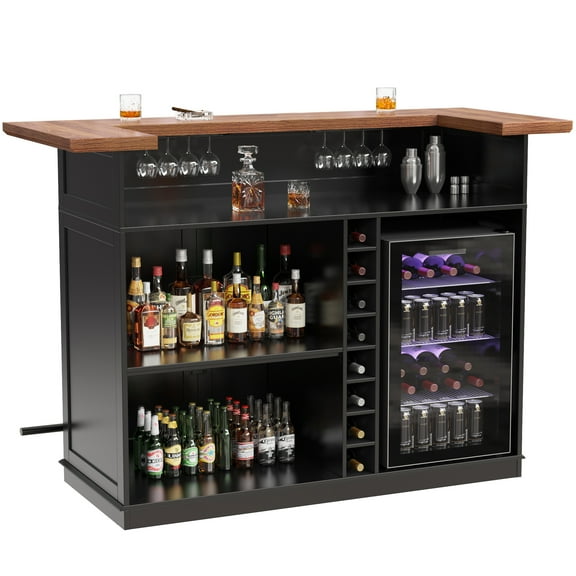 Home Bar Unit with Fridge Space, U-Shape Liquor Wine Cabinet, 63" Mini Bar Table