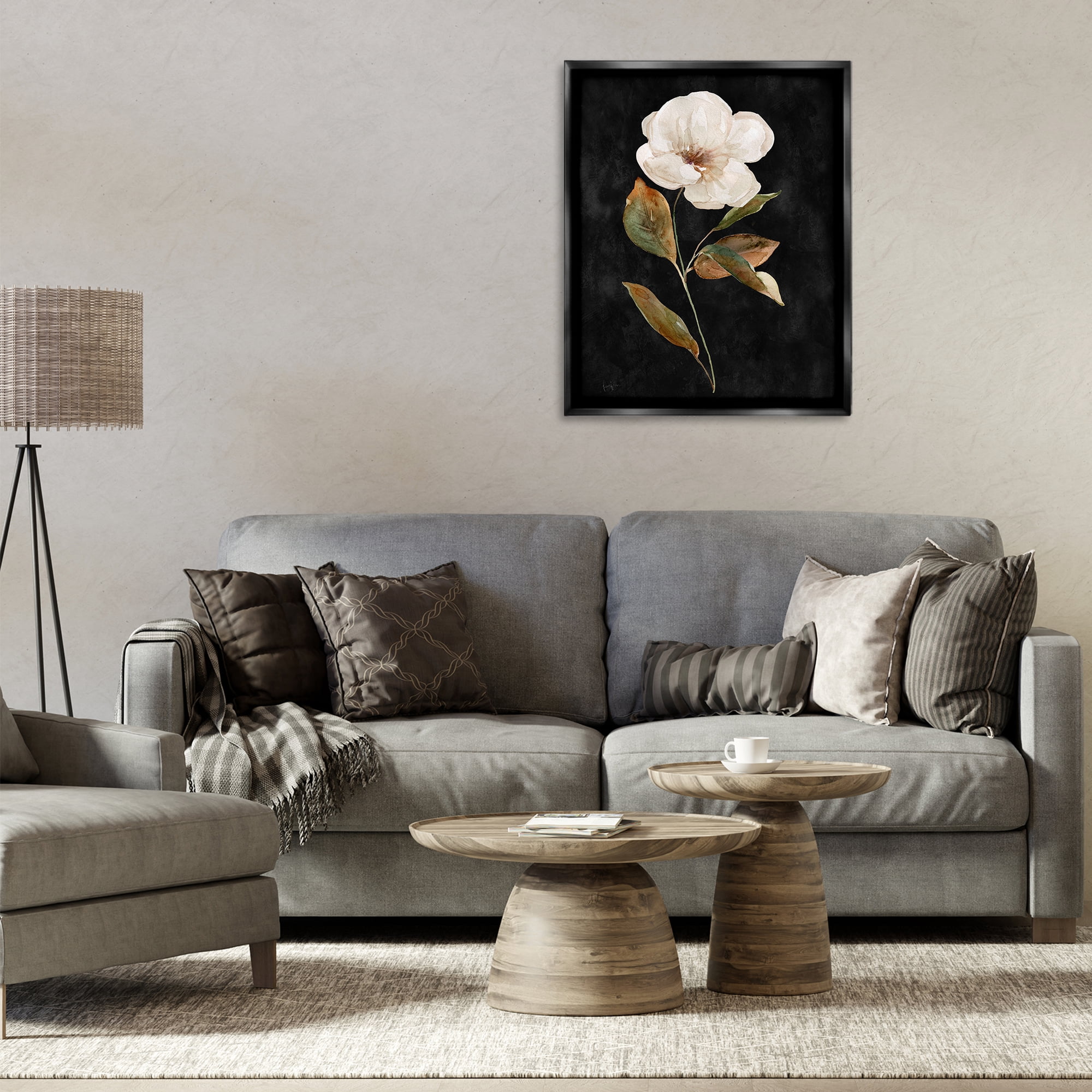 Stupell Industries White Bloom on Black Plants & Flowers Painting Black Floater Framed Canvas Art Print Wall Art, 25 x 31