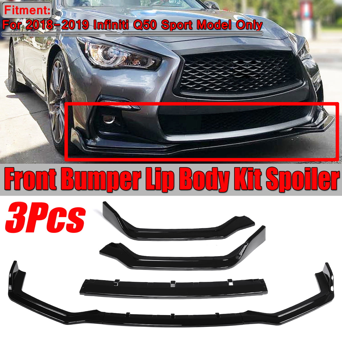 2019 2020 Q1-TECH Front Bumper Lip Spoiler Air Chin Body Kit Splitter Painted Glossy Black ABS Front Bumper Lip fit for compatible with 2018-2021 Infiniti Q50 Sport Model Only