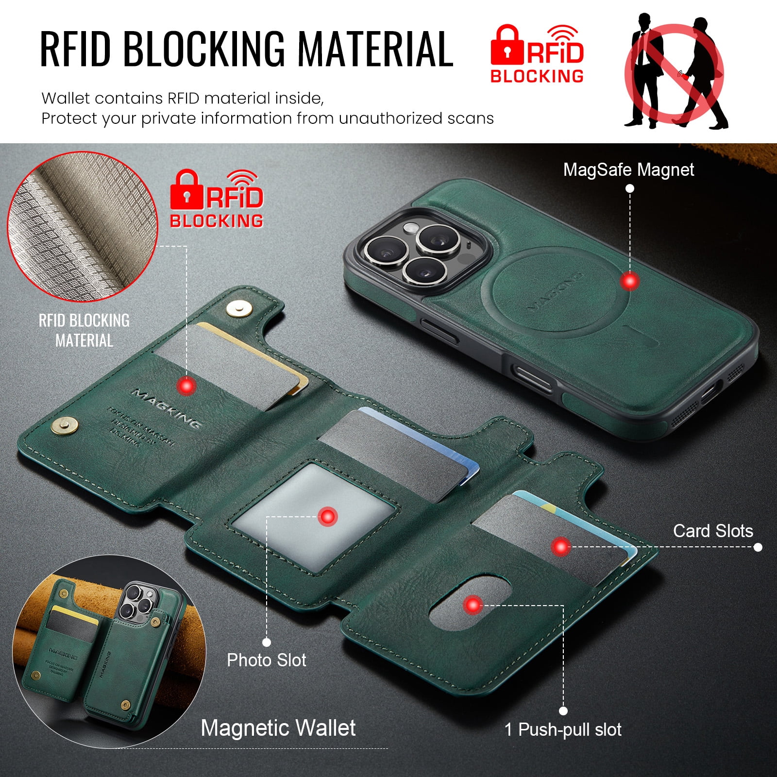 Designed for iPhone 16 Pro Max Wallet Phone Case,Magnetic Detachable Flip Card Holder,Back Flip Kickstand,Compatible with Mag-Safe,2-in-1 PU Leather Heavy Duty Shockproof Phone Case,Green