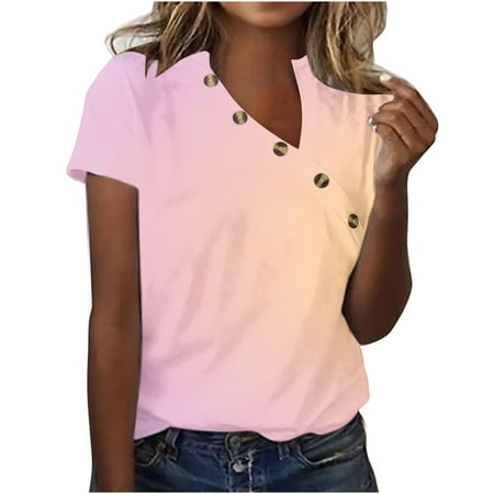 WIZUTIZ Corset Tops for Women up to 30% Off Plus Shirts Short Sleeve Loose Fit Athletic Solid Tshirts Summer-Beach Ladies Blouse Holiday Beach Trendy Tops Oversize Lightweight V-Neck T-shirt Pink XX
