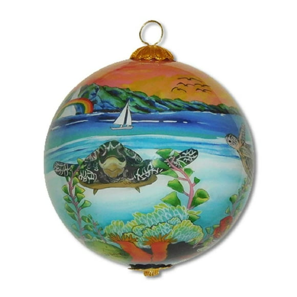 Collectible Hawaiian Glass Ornament Hand Painted Sea Turtles in The sunsetwith Gift Box Hand Painted Sea Turtles in The Sunset