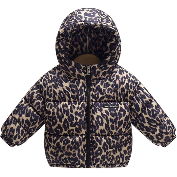 JFTTX Girls Puffer Jacket Leopard Print Zip Up Jackets for Girls Trendy Hooded Coat Toddler Fall Winter Cozy Outerwear with Pockets Size 12M-6Y