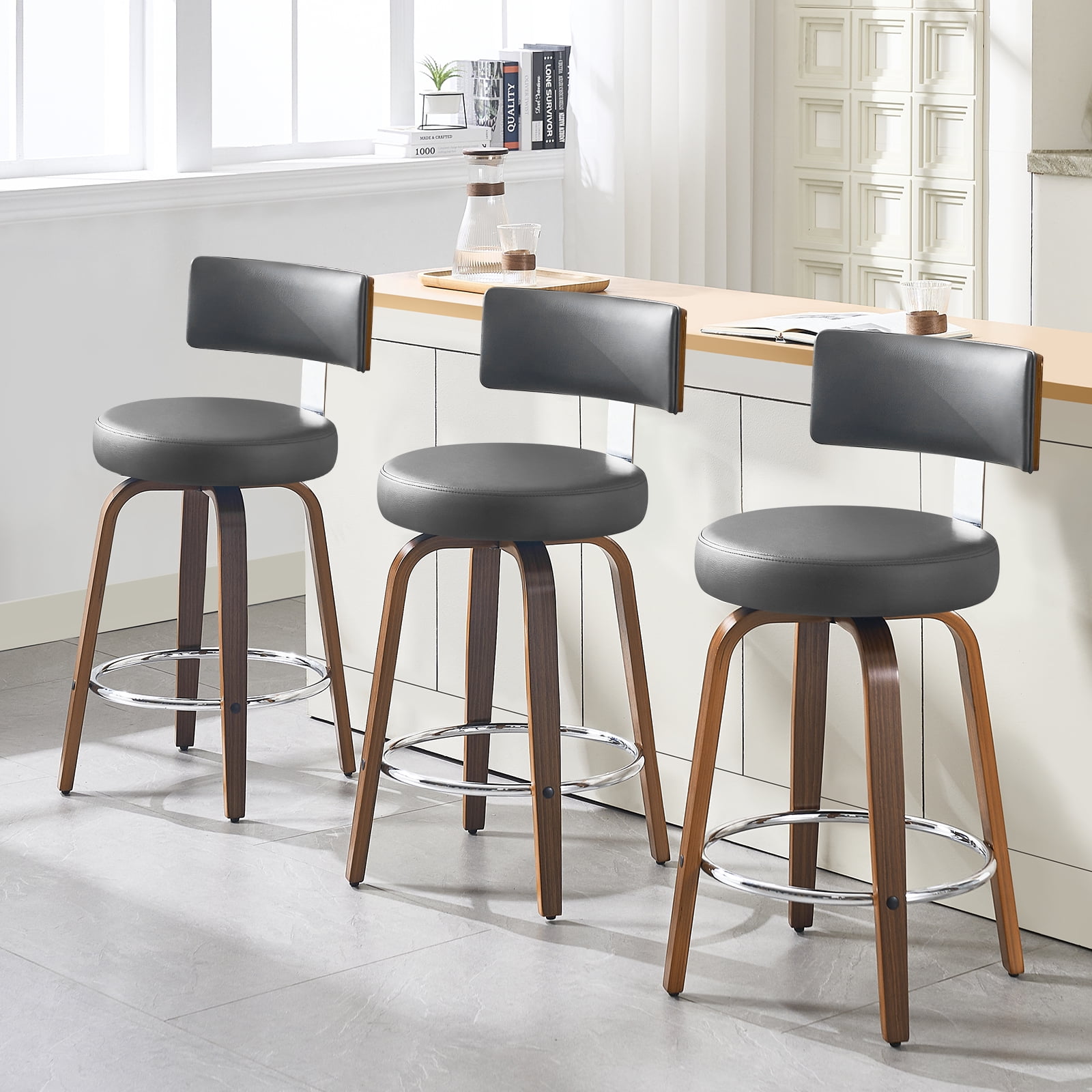 WOOW DEPOT PU Swivel Bar Stools Set of 1, 26" Seat Height Modern Upholstered Bar Chairs w/ Mid-back Round Seat Walnut Legs Leather Island Stools for Kitchen Counter
