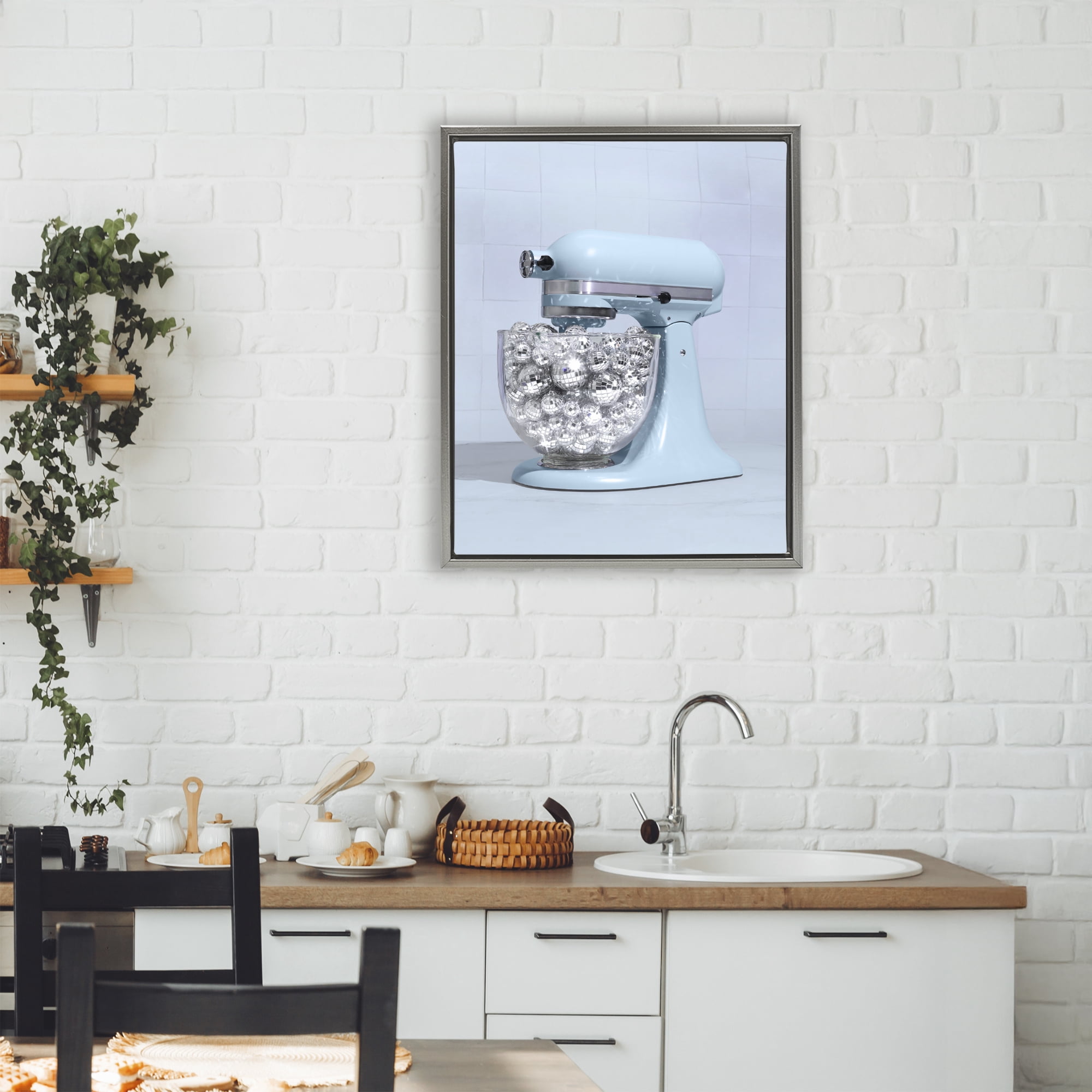 Stupell Industries Disco Kitchen Mixer over Blue Gray Framed Floater Canvas Wall Art, design by LISH Creative