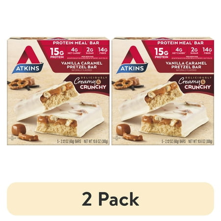 (2 pack) Atkins Vanilla Caramel Pretzel Protein Meal Bar, Low Sugar, Meal Replacement, Keto Friendly, 5 Count