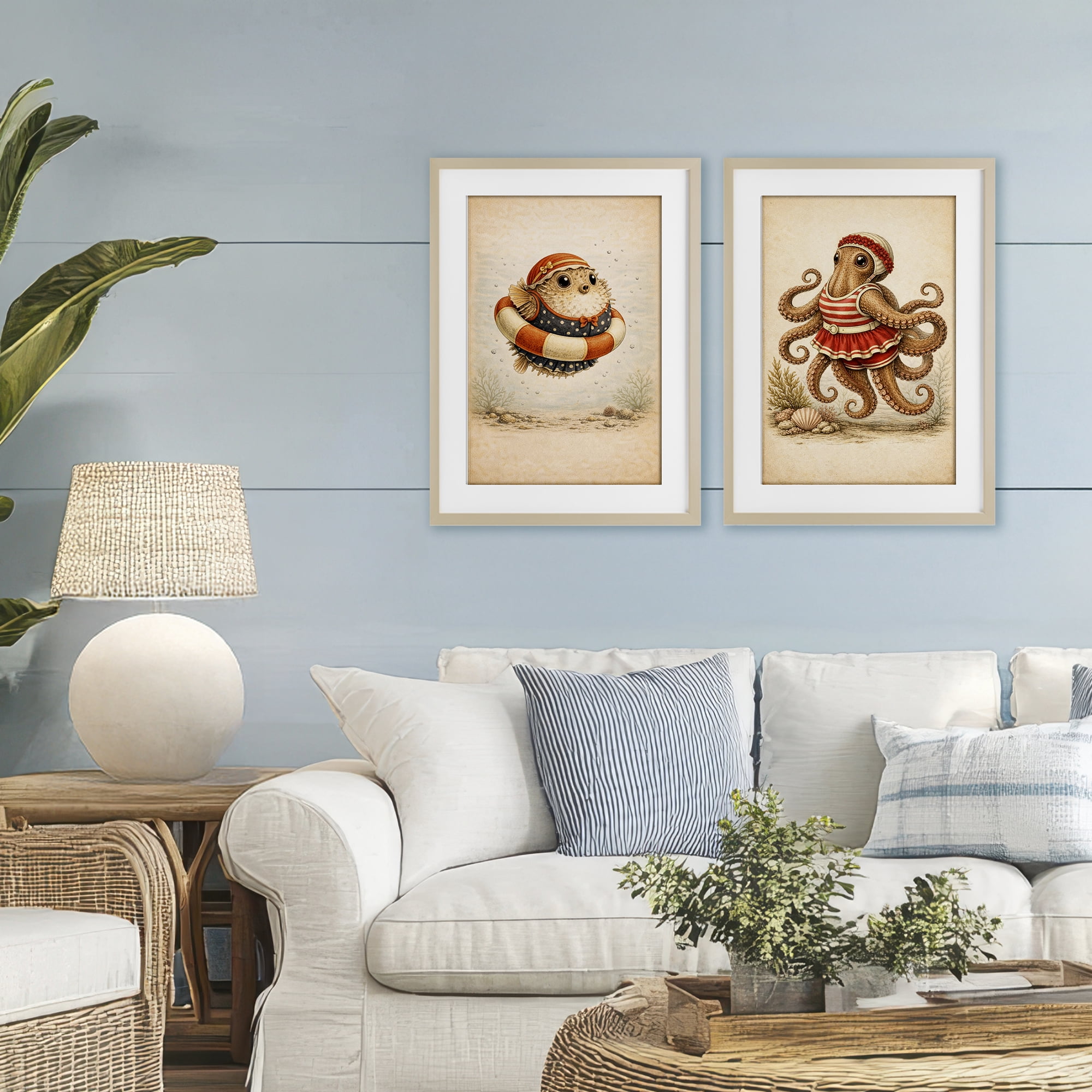 Stupell Industries Vintage Maritime Bathing Creatures 2 Piece Birch Framed Print Under Glass Set, design by Grotto Studios
