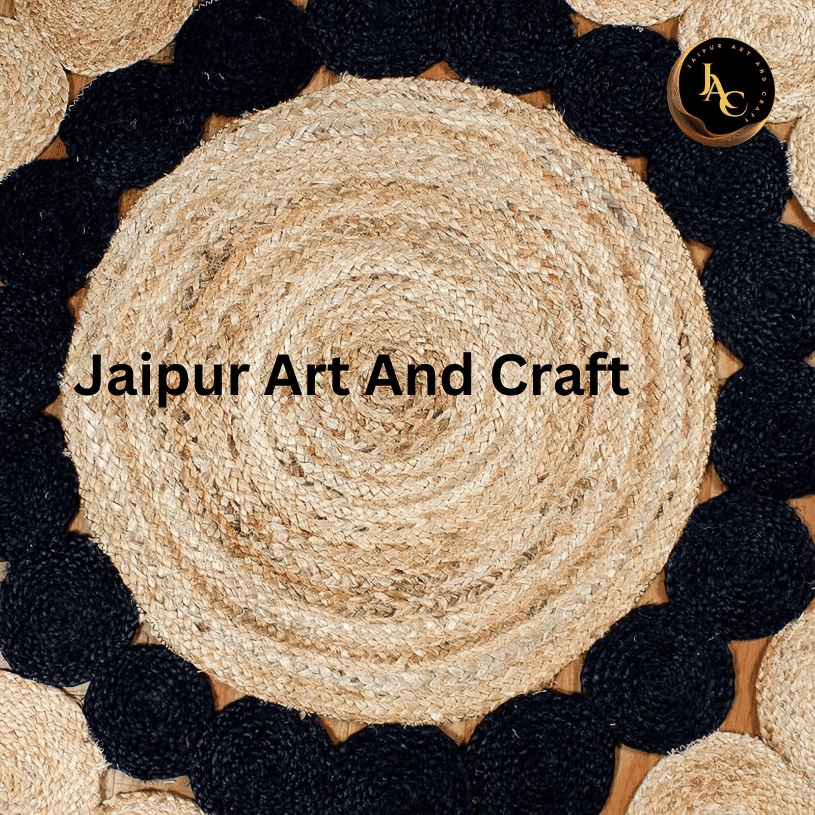 Jaipur Art And Craft Handmade Indian Natural Jute Rug Geometric Beige and Black Round Area Rug (7x7 Sq Ft)