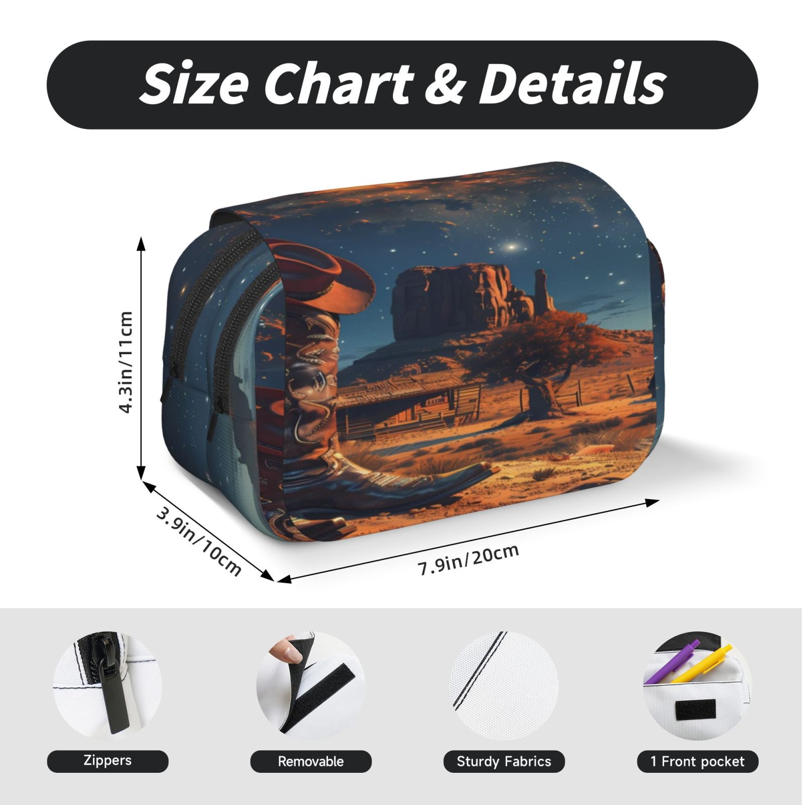 Rateoe Cowboy Boots Under Starry Sky Pattern Double Clamshell Pen Case, Storage Organizer with Two Zipper Compartments– Holds Up to 50 Pencils & Pens