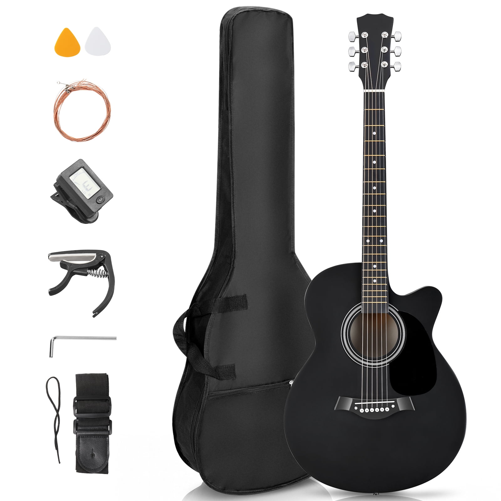 40-Inch Acoustic Guitar with Grand Auditorium Body, Basswood Construction, 21 Frets, 6 Steel Strings, Matte Finish, Starter Kit with Gig Bag, Strap, Picks, Capo and Tuner