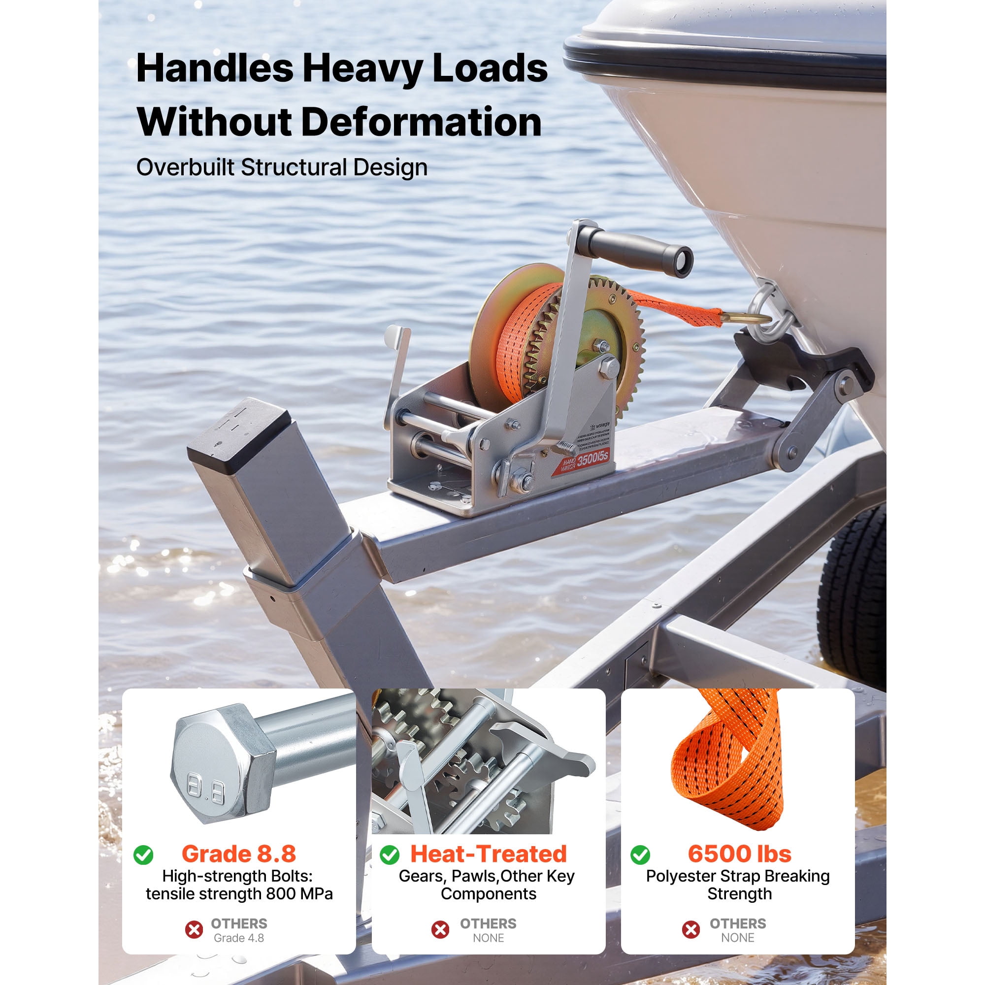KFFKFF 3500 lbs Manual Boat Winch with 20ft Orange Polyester Strap, Two-Way Ratchet, Dual-Speed Option, and Anti-Slip Handle for Towing Boats, Trailers, and ATVs