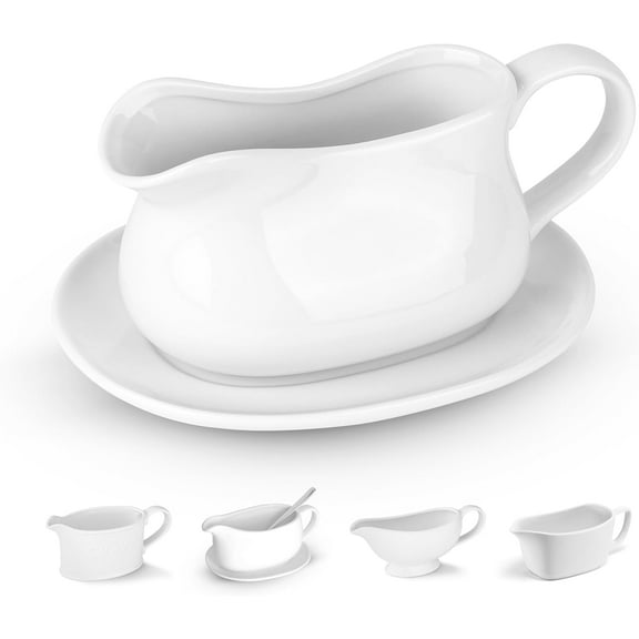 Gravy Boat, Ceramic Serving Dish, Dispenser with Tray for Sauces, Dressings and Creamer, Large Handle, Microwave and Dishwasher Safe, 14 oz