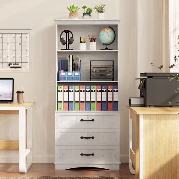 Bookcase with Drawers, Noelse 71" Tall Freestanding 3-Tier Bookshelf with Drawers White Book Shelves Book Case for Office Living Room and Bedroom