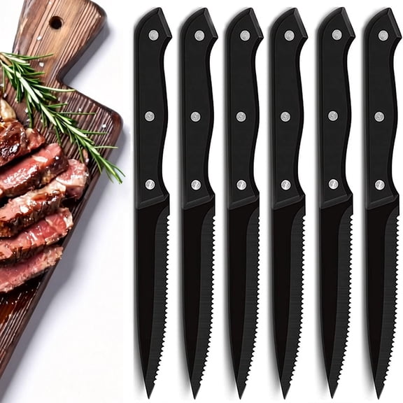 Serrated Steak Knives, Black Steak Knife Set of 8, Hight Carbon Stainless Steel Kitchen Dinner Meat Cutting Knife Set, Dishwasher Safe