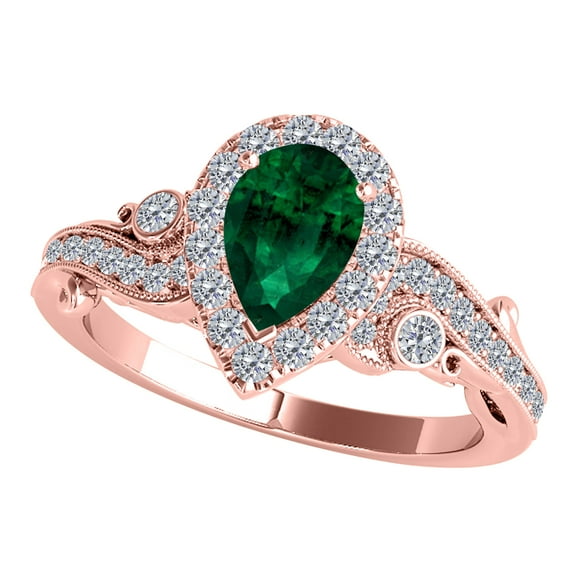 Mauli Jewels Rings for Women 1.35 Carat Pear Shape Emerald And Round White Diamond Ring Prong-Setting 10K Rose Gold