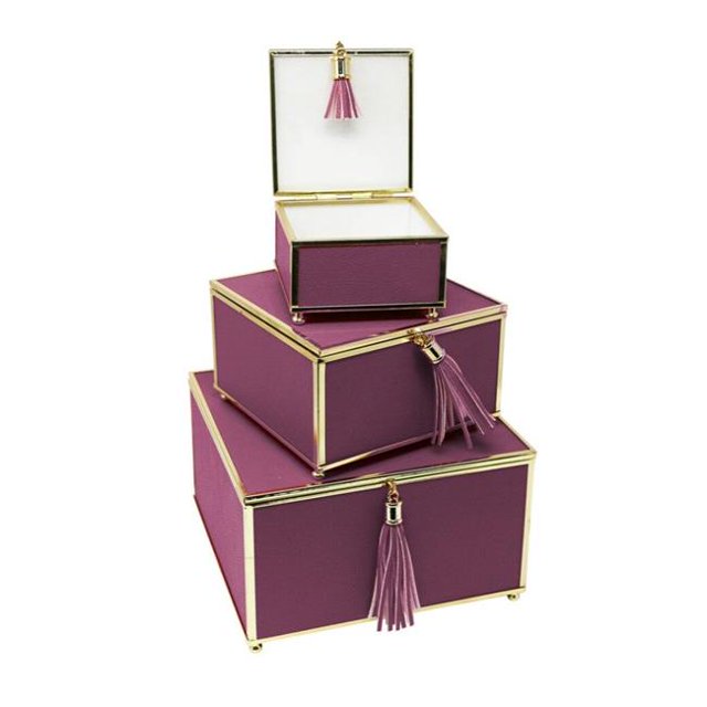 Benzara BM162577 Excellentes Boîtes de Rangement Violettes avec Pompon - Lot de 3