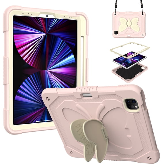 for iPad Pro 11 2022/2021/2020/2018/Air 4/Air 5 Case for Kids, with Butterfly Wings Kickstand Pencil Holder Shoulder Strap Heavy Duty Rugged 2 In 1 Silicone PC Cover, Pink Beige