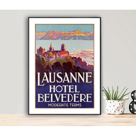 POSTER Lausanne Hotel Belvedere Suisse Vintage Travel Poster - Poster Paper / Gift Idea-UNFRAMED