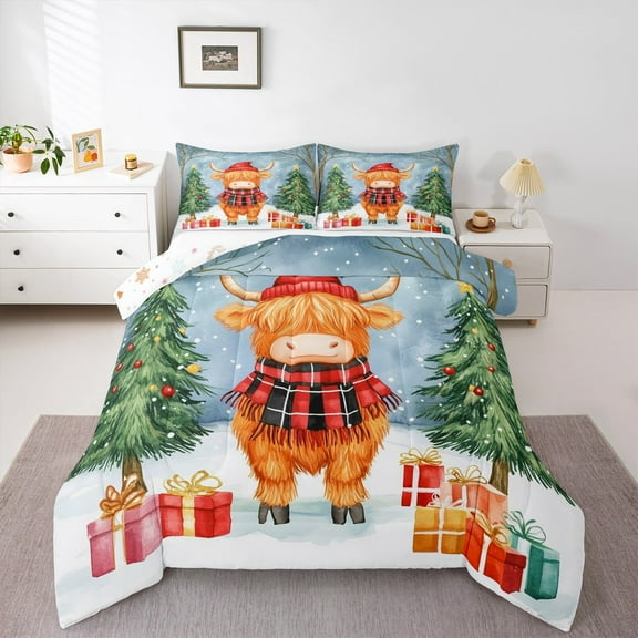 Manfei Farm Highland Cattle Bedding Comforter Set,Chic Christmas Tree Twin Comforter Sets,Brown Green Blue Bedding Set For Children,Luxury Bedroom Decor Reversible,2-Piece