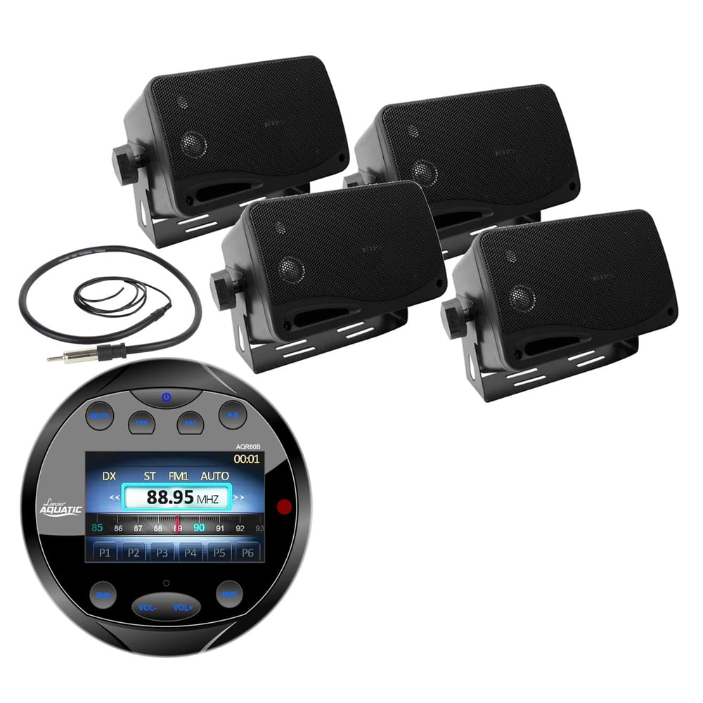(4) 3.5Inch Marine Box Speakers, AQR80B Bluetooth AUX AM FM Receiver