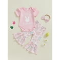 thumbnail image 3 of Baby Toddler Girl Easter Outfits 3 6 12 18 Months Letter Rabbit Print Short Sleeve Romper Flare Pants Headband 3Pcs Clothes Set, 3 of 9