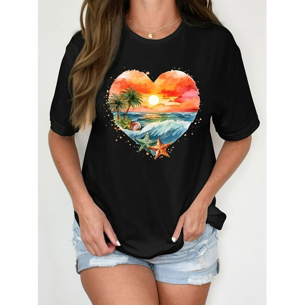 Women'S T-shirt, "Ocean Love Beach Sunset Starfish Valentine'S Day" Print, Retro Minimalist Fashion, Crew Neck, Casual And Comfortable, Athletic Short Sleeve T-shirt