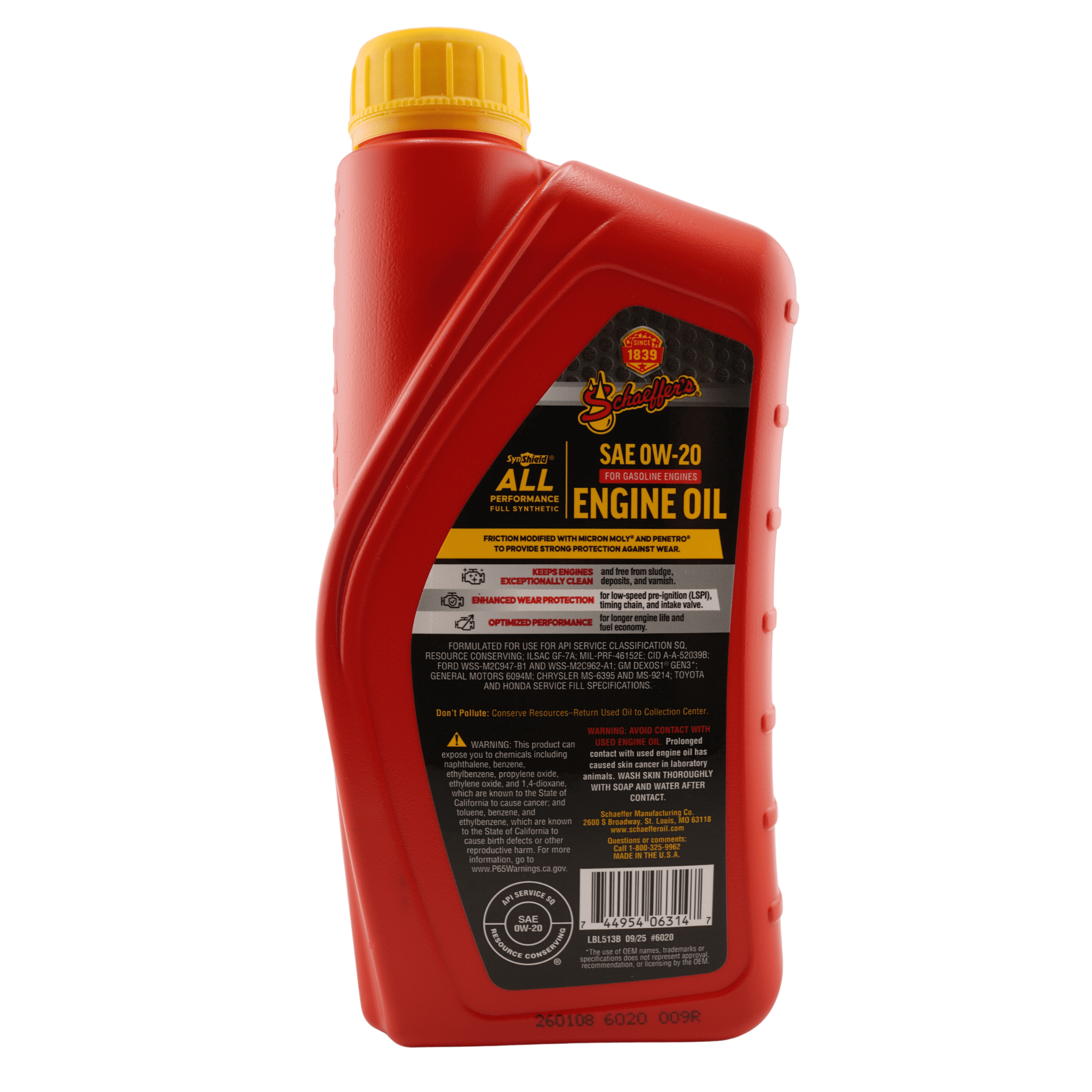 Schaeffer's 6020 SynShield Full Synthetic 0W-20 Gasoline Engine Oil, 1 qt. - Case of 12