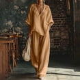 thumbnail image 3 of Cotton Linen Sets for Women 2 Piece Batwing Sleeve V Neck Shirts and Wide Leg Pants Set Casual Outfit,Khaki XL, 3 of 5