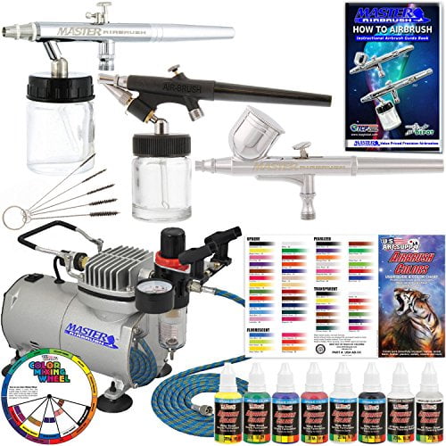 3 Kit de Système d'Aérographe Professionnel Master Airbrush avec 6 Couleurs Primaires pour Peinture Acrylique - G22, S68, E91 Gravité & Alimentation Siphon Aérographes et Compresseur d'Air