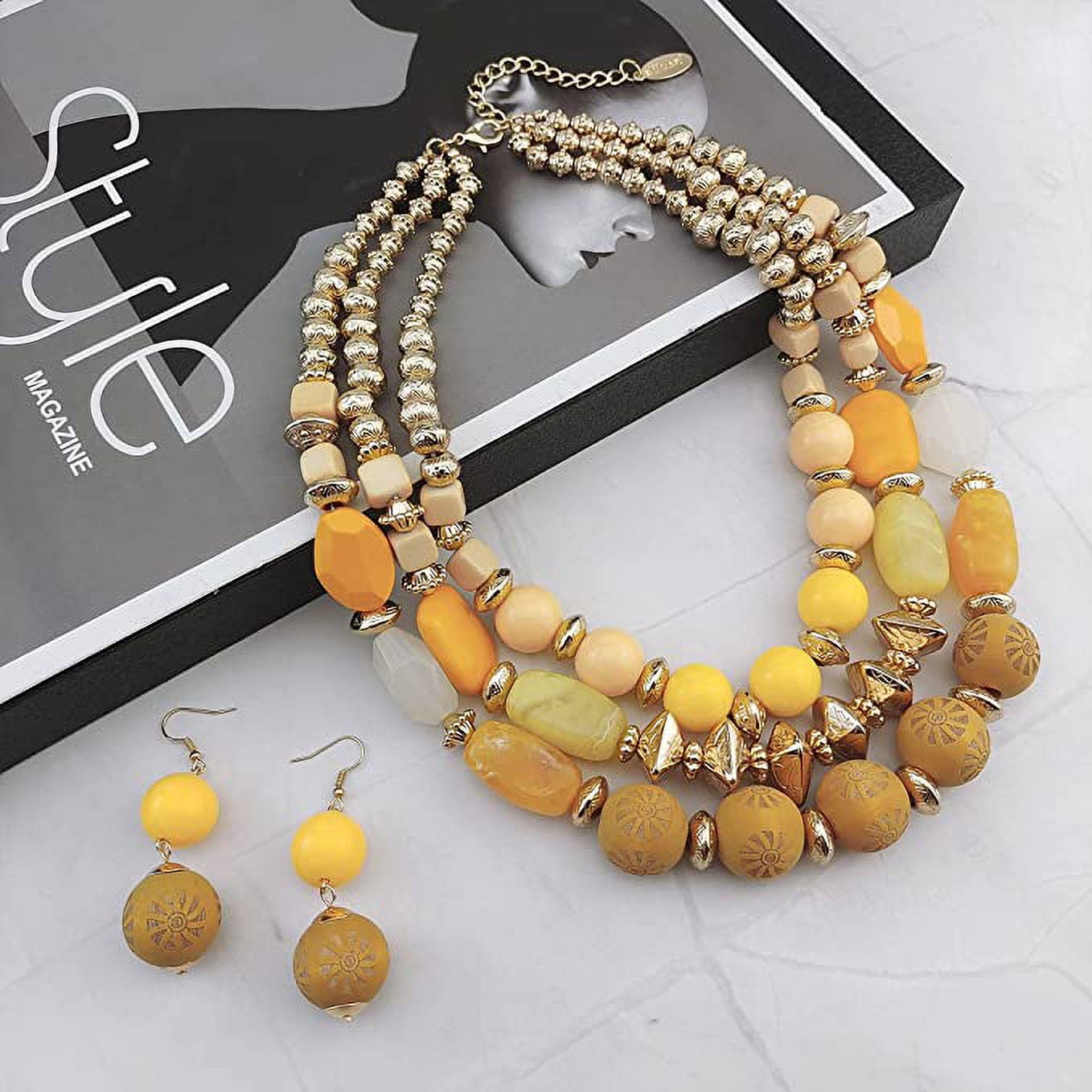 Bocar 3 Layer Chunky Statement Beaded Necklace and Earrings Set, Fashion Multi Layer Women Collar Necklace Jewelry Set (NK-10625-Amber Yellow Set)