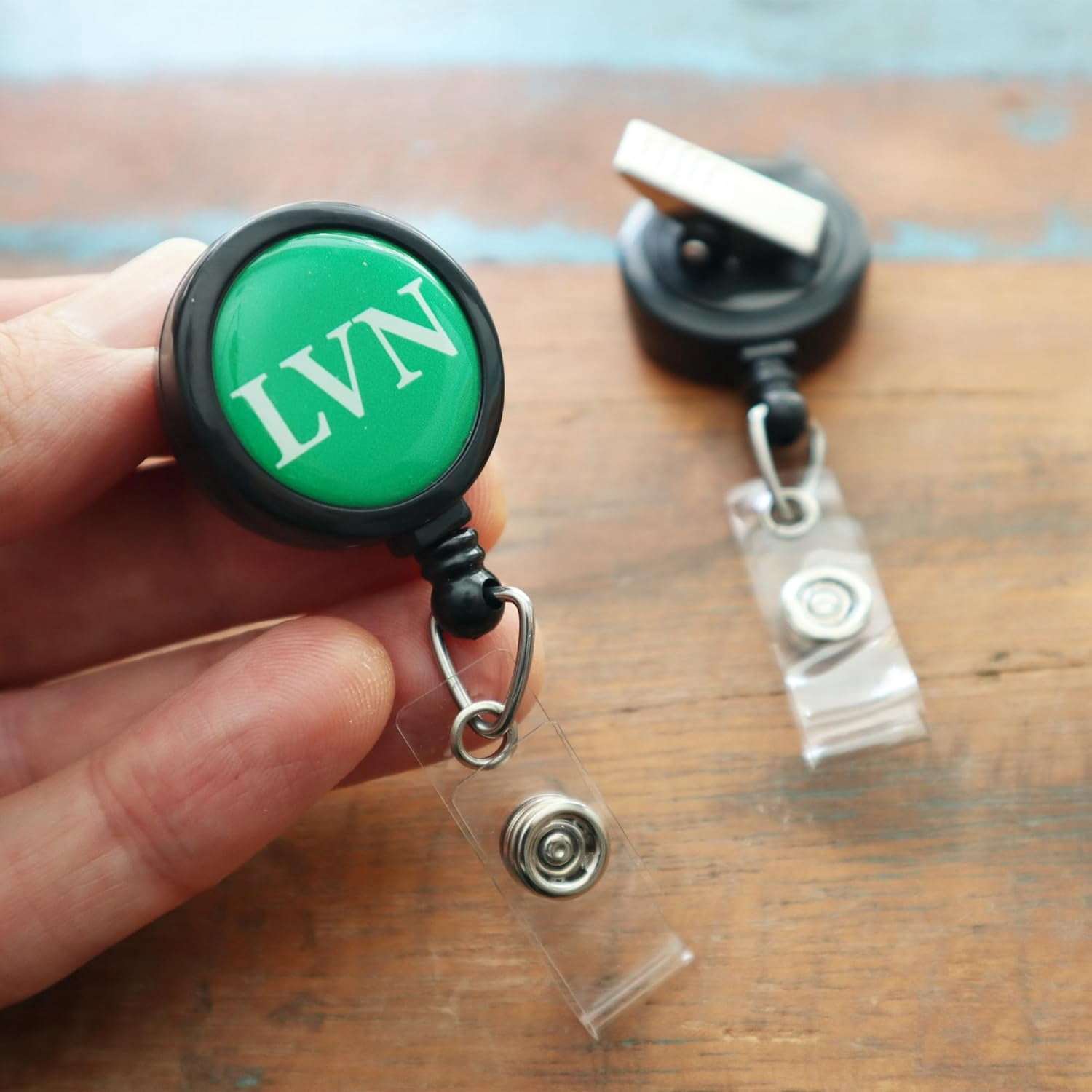 5 Pack - LVN Badge Buddy Reels with Alligator Clip - Swivel Retractable Reel LVN Badge Holder & Title Card in One - Nurse Retractable Clip Hospital I'd Role Dome Label by Specialist ID (Green)