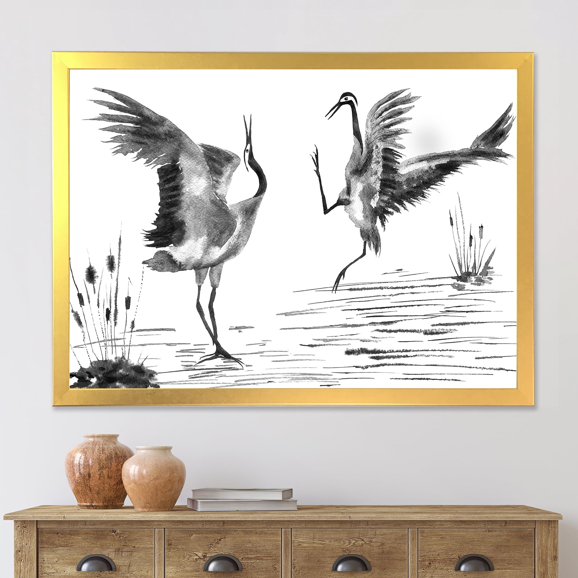 Designart 'Monochrome Two Enamored Japanese Cranes Birds' Traditional Framed Art Print