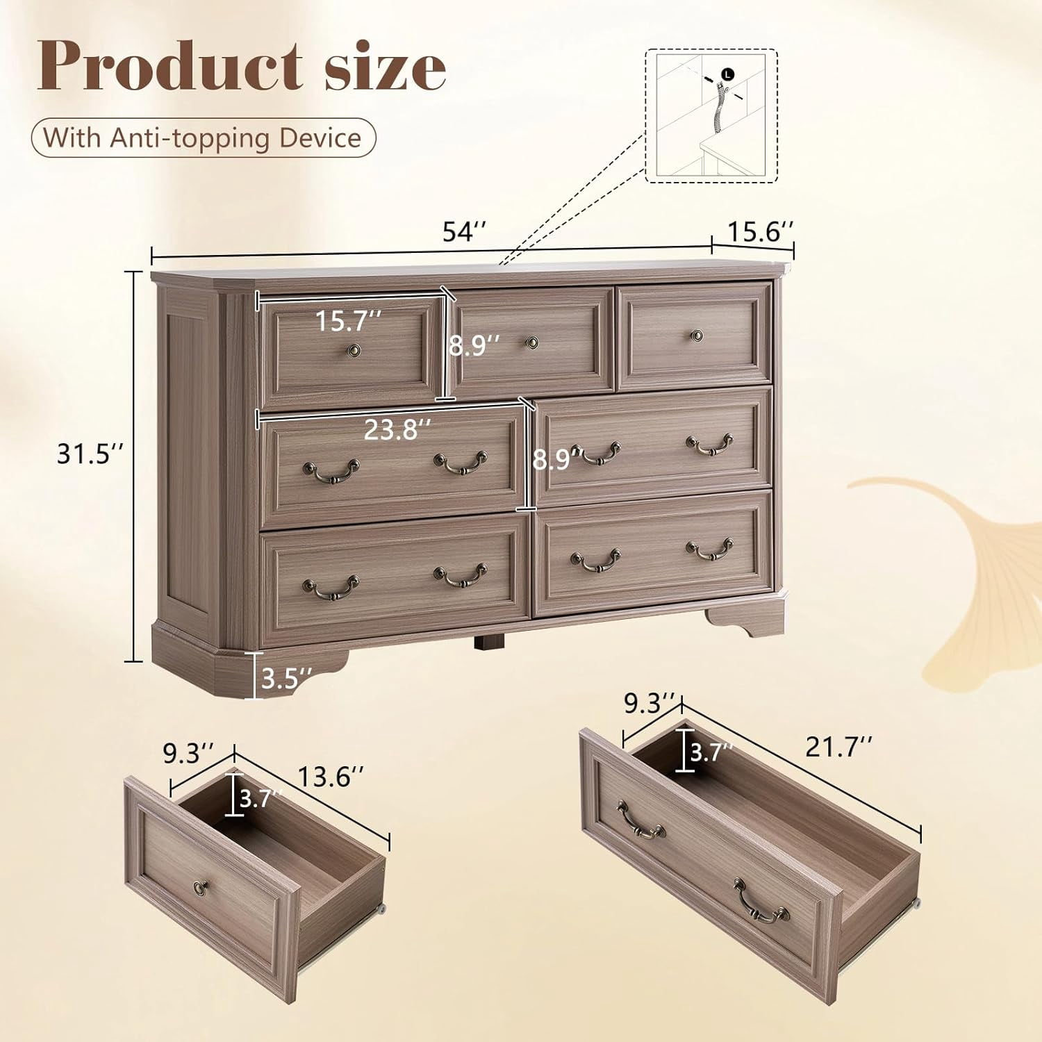 VANACC Farmhouse 54" Wide 7 Drawers Dresser for Bedroom, Wood Rustic Chest of Drawers, Closet, Hallway, Grey Walnut