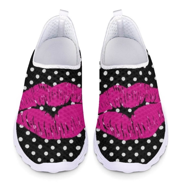 Zapatos casuales de verano para mujer, zapatillas planas ligeras sin cordones, con estampado de labios artísticos a la moda, cómodos y transpirables, de malla caliente
