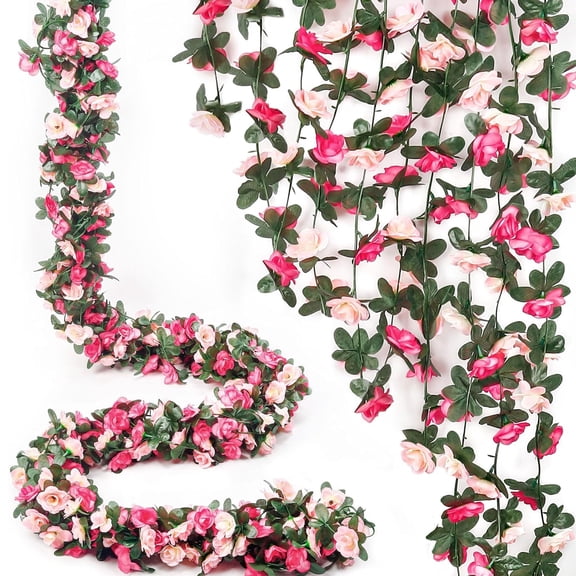 Miracliy 5 Pack Artificial Rose Flower Garland, Dual Pink Fake Floral Vine with Green Leaves for Wedding Arch Wall Courtyard Garden Decor