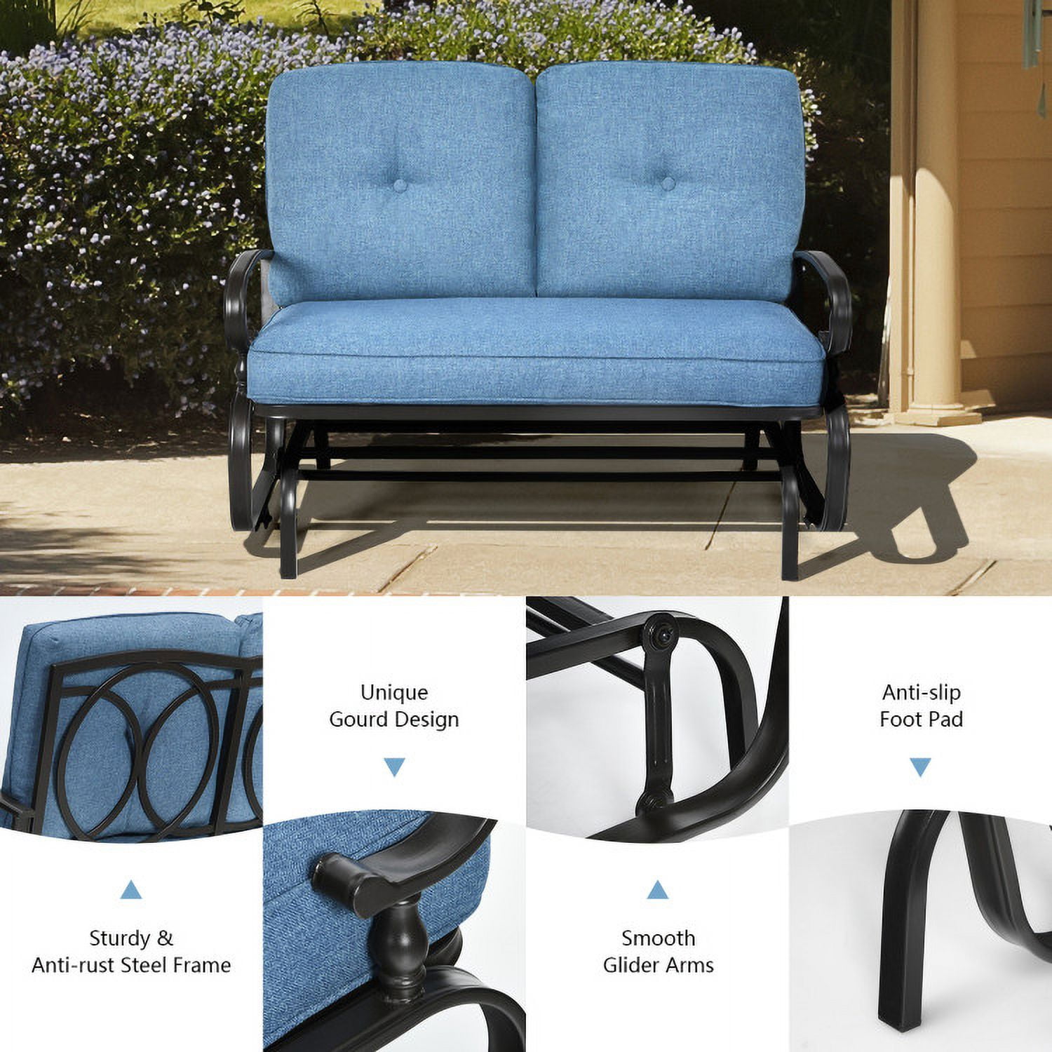 Aimee Lii Double Chair Outdoor with cushion, Patio Glider Bench, Porch, Backyard, Sturdy, Navy