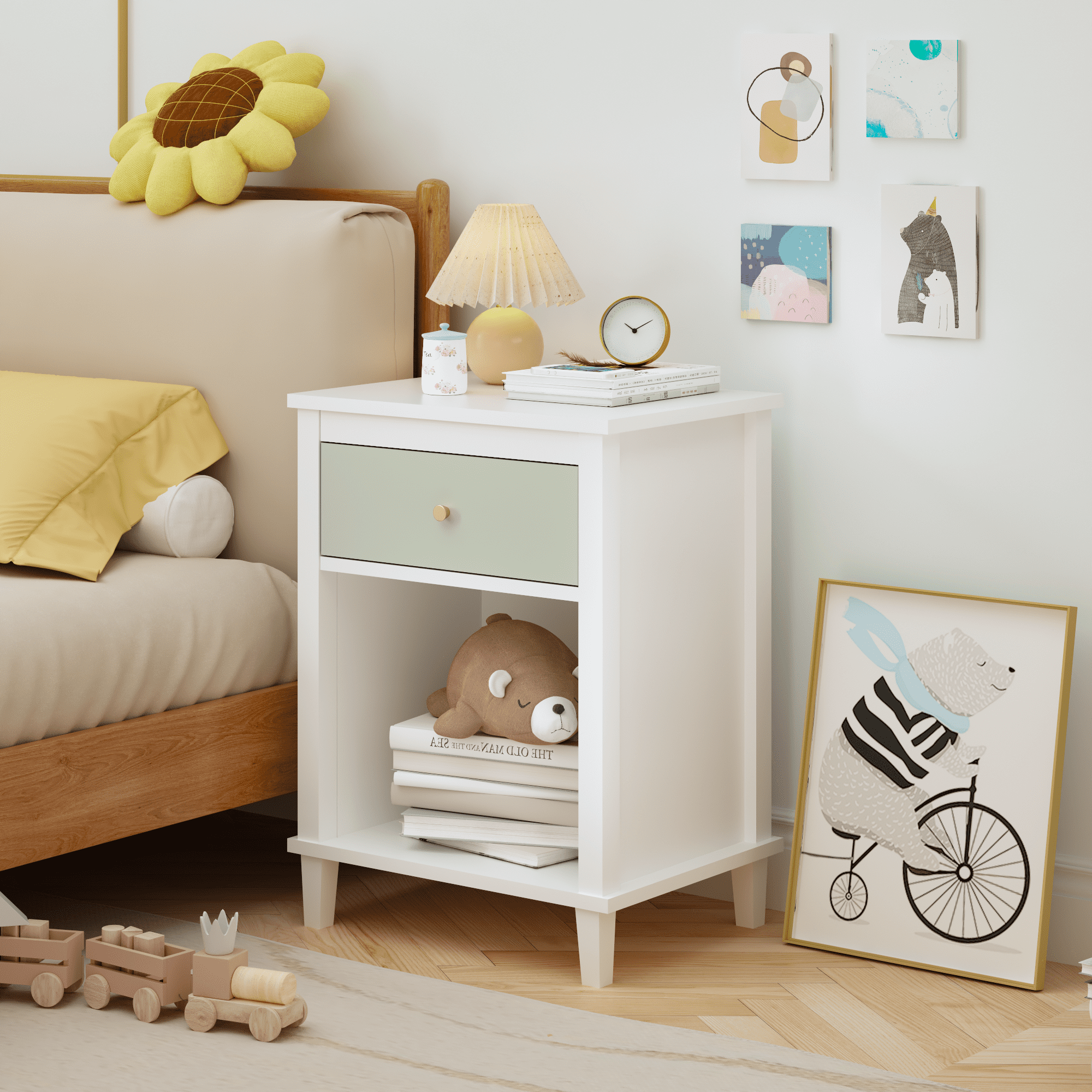 26.77"H Wooden Nightstand with One Drawer One Shelf for Kids, Adults, Sage+Golden handle