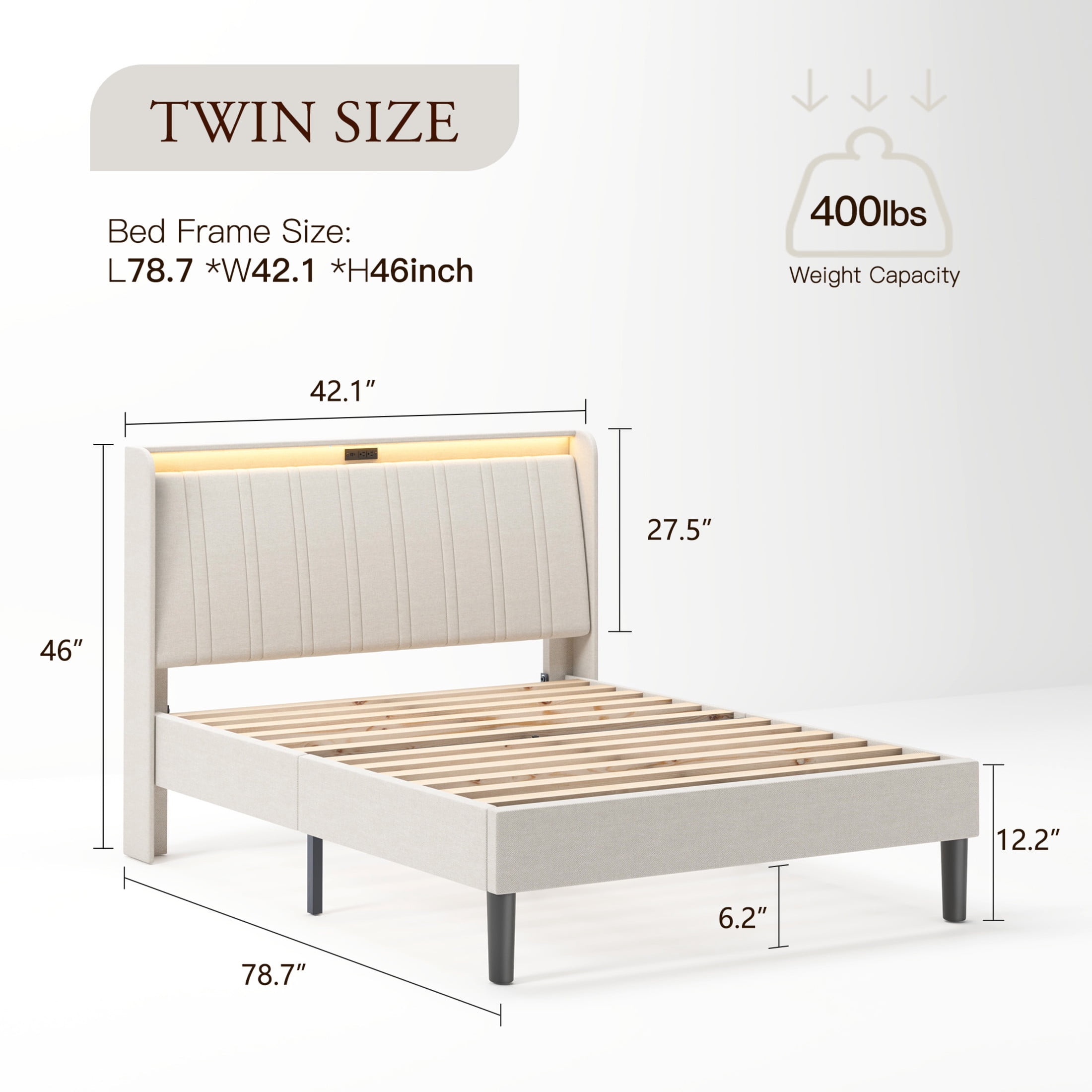 Noble House Sora Twin Size Upholstered Platform Bed Frame with USB Ports, Wood Slats Support, Beige