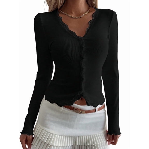 Womens Cardigan Sweaters Lace Ruffle Trim V Neck Long Sleeve Button Front Ribbed Knit Cute Fitted Crop Tops