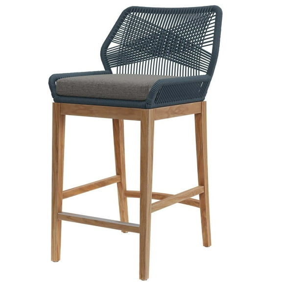Bar Side Stool Chair, Blue Natural, Fabric, Teak Wood, Outdoor Patio Balcony Cafe Bistro Garden Hospitality Restaurant, Modern Contemporary HB33960